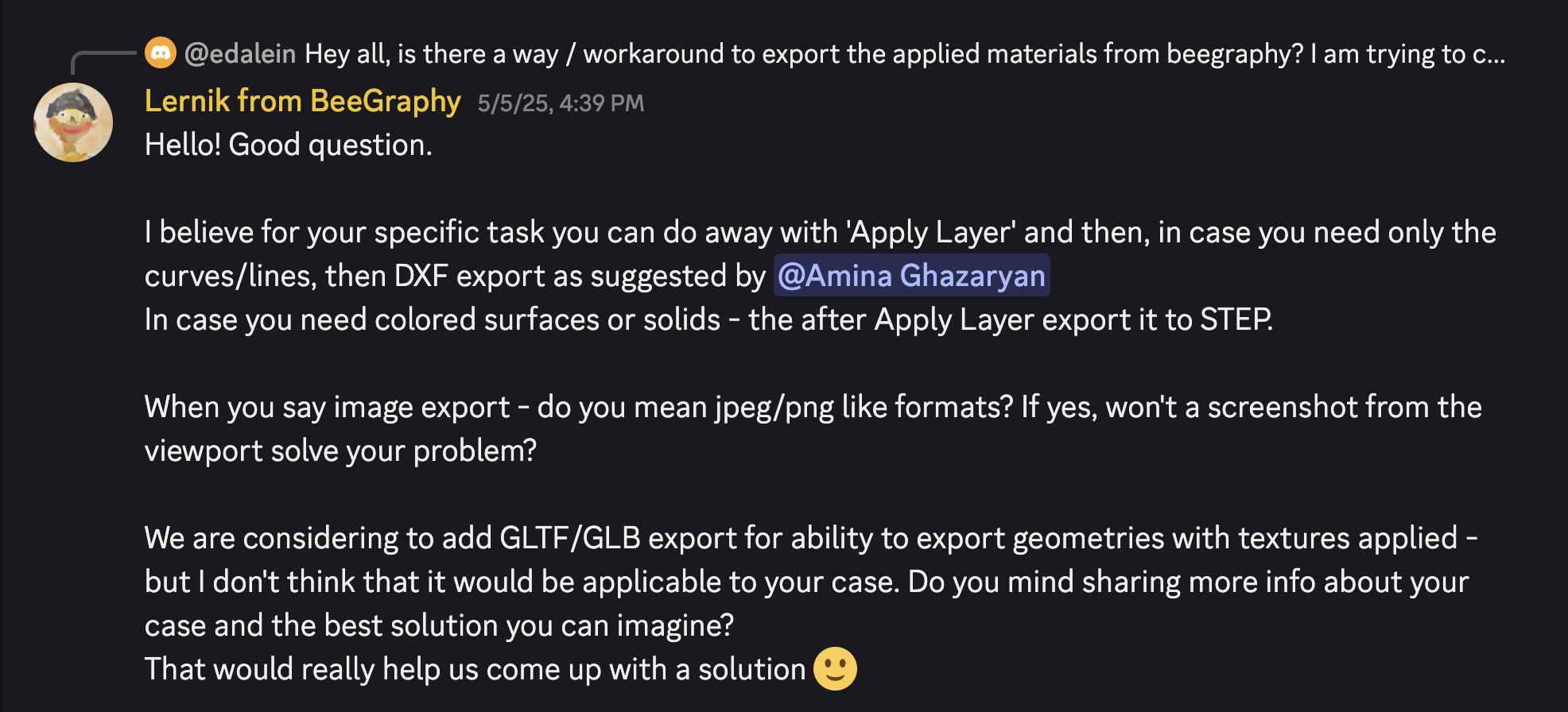 Lernik from BeeGraphy gives a detailed explanation on export formats and asks for user feedback.